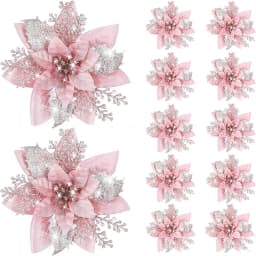 Glitter Pink Christmas Flowers Xmas Tree 14cm Artifical Flower Ornaments 2023 Merry Christmas Decoration For Home New Year