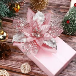 Glitter Pink Christmas Flowers Xmas Tree 14cm Artifical Flower Ornaments 2023 Merry Christmas Decoration For Home New Year