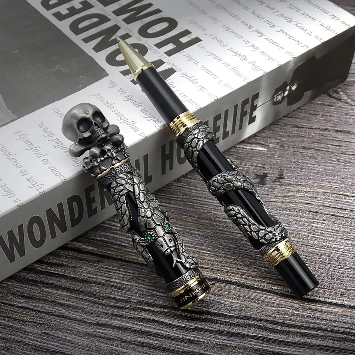 Jinhao Metal Vintage Rollerball Pen Skull Skeleton Unique Pen Cap Fine Point 0.5mm Heavy Collection Ancient Gray Office Gift Pen