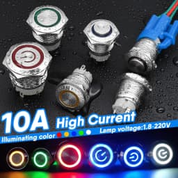 12/16/19/22mm Metal Push Button Switch Power Button Waterproof Flat Circular Button LED Light Self-lock Button 5v 12v 24v 220v