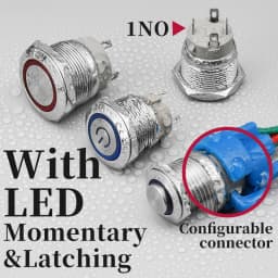 12/16/19/22mm Metal Push Button Switch Power Button Waterproof Flat Circular Button LED Light Self-lock Button 5v 12v 24v 220v