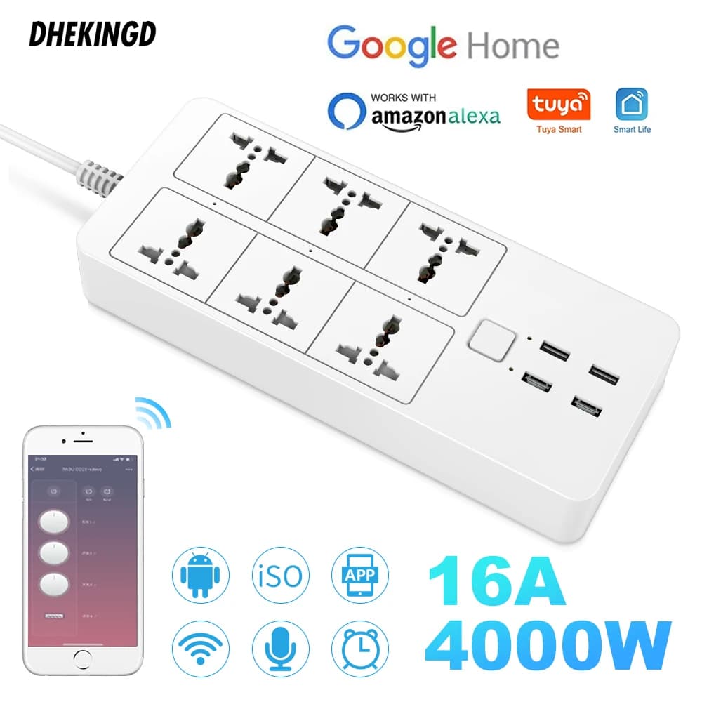WIFI Smart Power Strip Universal with 5V3.1A Alexa Google Home Bluetooth Control Multi Plug 6AC 4USB Voice Control UK/EU/US/AU