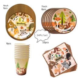 Woodland Tableware Jungle Safari Birthday Decoration Wild One 1st Bithday Party Supplies Forest Animal Paper Plates Banner