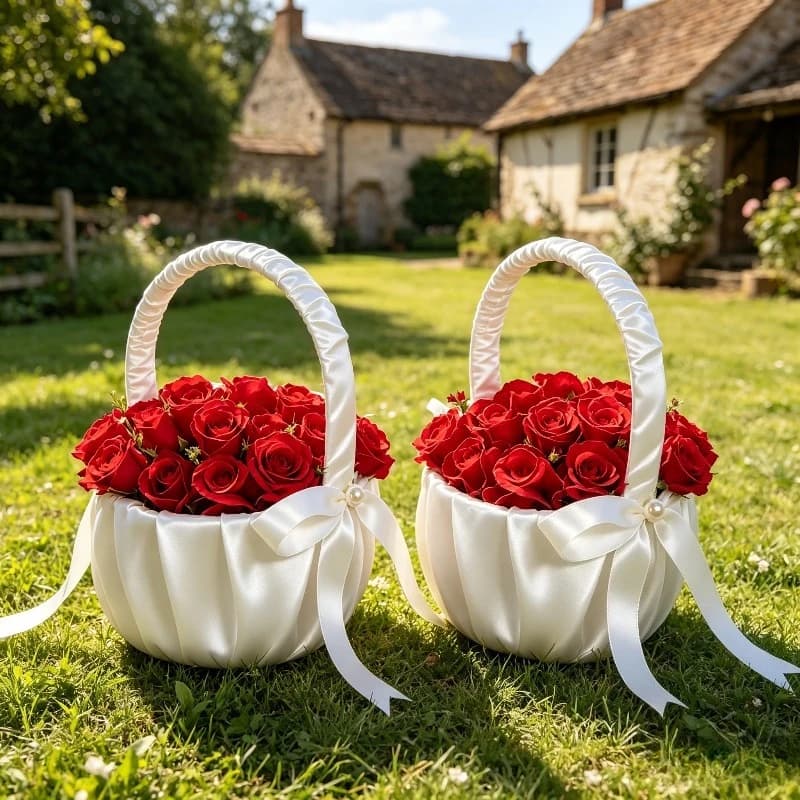 20 CM White Flower Girls Basket Silk Wedding Basket for Flower Bride/Kids Hand Held Wedding Ceremony Party Decorations