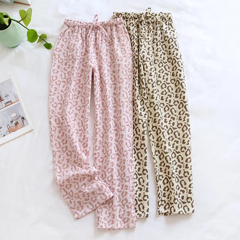 2026 Spring And Summer New Ladies Pants 100% Cotton Crepe Leopard Print Pajamas Sweat-absorbent Breathable Home Pants Trousers