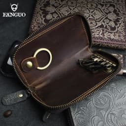 Genuine Leather Key Wallet Handmade Smart Key Pocket Keychain Credit Card Slot Portable Card Wallet With Zipper For Men, Women