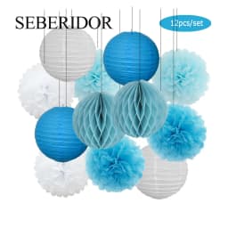 Blue White Set Round Paper Lantern Hanging Ball Honeycomb Kit For Kids Boy 1st Birthday Party Favor Baby Baptism Wedding Decor