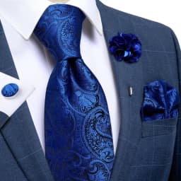 Handmade Paisley Floral Royal Blue Men's Neck Tie Classic 8cm Width Woven Jacquard Tie With Pocket Square Cufflinks Brooch