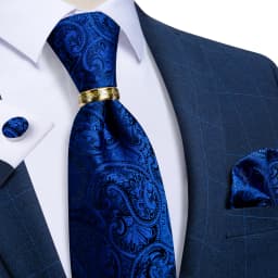 Handmade Paisley Floral Royal Blue Men's Neck Tie Classic 8cm Width Woven Jacquard Tie With Pocket Square Cufflinks Brooch