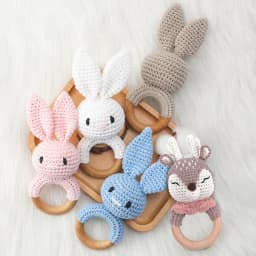 Baby Rattles DIY Crochet Cartoon Lion Fox Doll Hand Bell Carved Wooden Ring Teething Toys Newborn Molar Teether Educational Toy