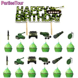 Army Birthday Party Decor Camo Cake Toppers Camouflage Tank Plane Cupcake Topper Birthday Soldier Military Party Supplies