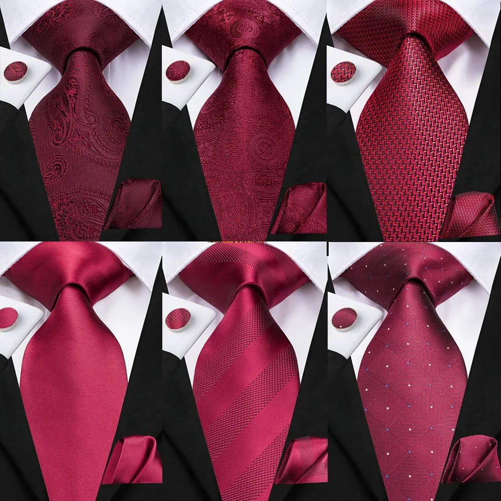Mens Gift Tie Set Red Wine Burgundy Paisley Wedding Floral Maroon NeckTie For Men Fashion Design Hanky Cufflinks silk Business