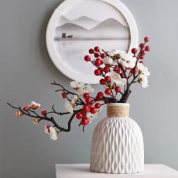 Cherry Red Plum Blossom Silk Artificial Flowers Plastic Branch for Wedding Home Decor Interior Decoration Foam Berry Fake Flower