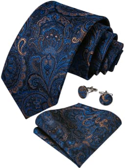 Luxury Blue Gold Paisley Ties For Men Business Wedding Neck Tie Set With Tie Ring Brooch Pin Men's Cufflinks Pocket Square