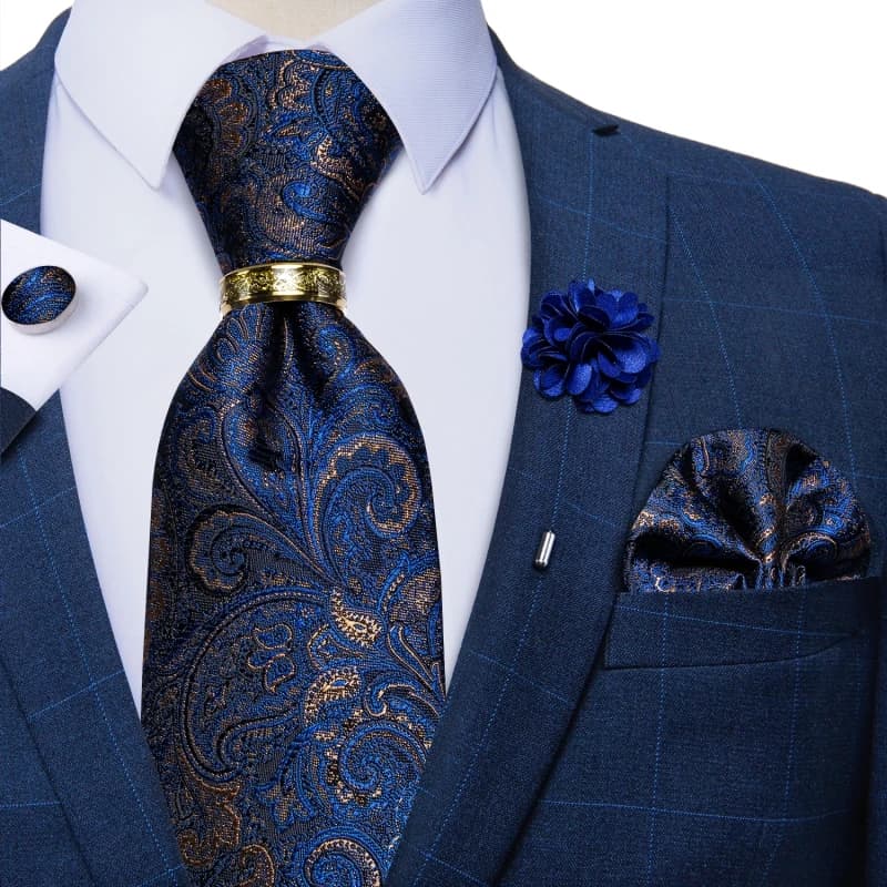 Luxury Blue Gold Paisley Ties For Men Business Wedding Neck Tie Set With Tie Ring Brooch Pin Men's Cufflinks Pocket Square