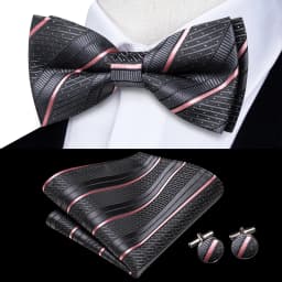 Hi-Tie Silk Pink Striped Mens Bowtie Jacquard Adult Bow Tie Hankerchief Cufflinks Set Pre-tied Butterfly Bowknot Wedding Party