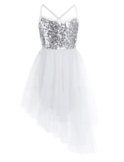 Kids Girls Sequins Ballet Tutu Dress Sleeveless Hi-lo Fairy Tulle Gymnastics Leotard Dress Ballerina Dance Performance Costumes