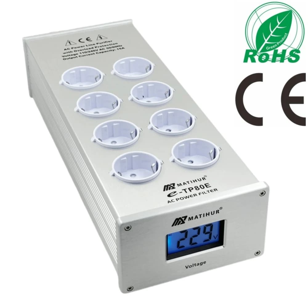 MATIHUR E-TP80 Audio Noise AC Power Filter Power Conditioner Power Purifier Surge Protection with EU Outlets Power Strip Silvery
