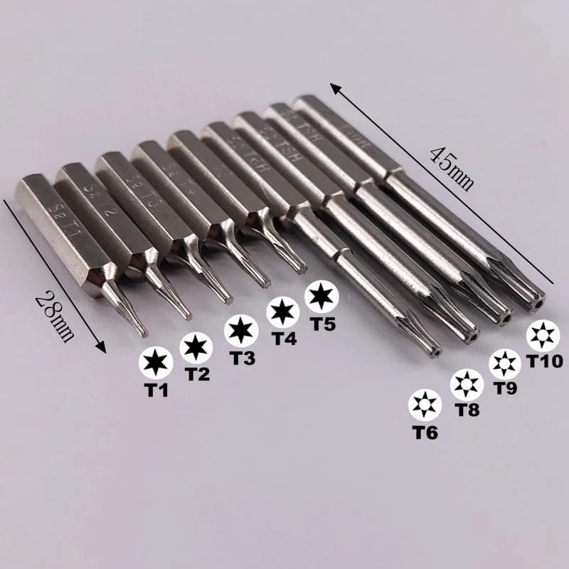 9PCS Torx T1 T2 T3 T4 T5 T6H T8H T9H T10H 28mm&45mmScrewdriver 3/25"(4mm) Bits Mobile Repair Bit Plum Blossoms Repairing Head
