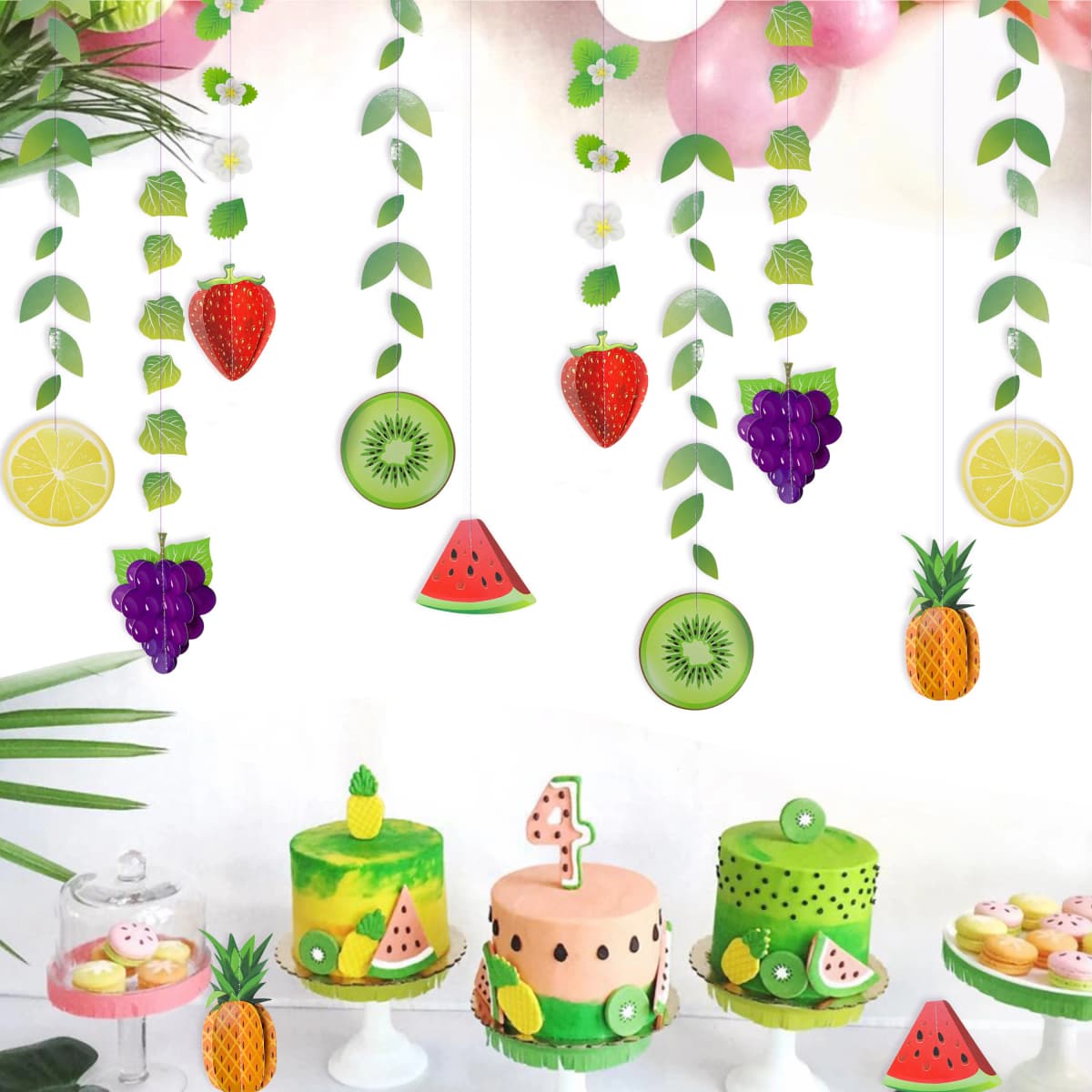 Tropical Hawaiian Summer Fruits Birthday Party Banners Decorations Pineapple Strawberry Green Leaf Garlands Pool Party Birthday