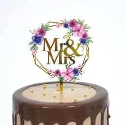 Color Mrs & Mrs Wedding Party Cake Toppers Gold Flowers Acrylic Bride and Groom Cake Toppers for Happy Wedding Cakes Decoration