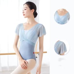 Ballet Leotards For Women V Backless Ruffles Sleeve Mesh Splice Dance Costume Gym Yoga Swimwear Leotard Elegant Bodysuit