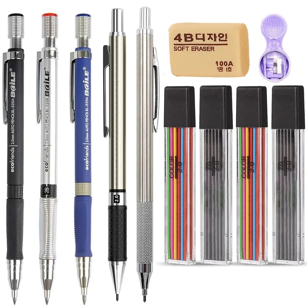 2.0 mm Mechanical Pencils Set 2B Automatic Student Pencils Color/Black Lead Refills Art Sketch School Supplies Kawaii Stationery