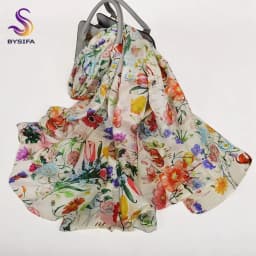 BYSIFA| White 100% Mulberry Silk Scarf Shawl Women New Floral Design Summer Long Beach Shawl Luxury Ladies Neck Scarves Hijabs