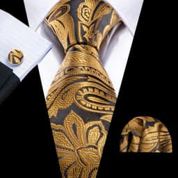 Fashion Silk Men Tie Set Gold Yellow Orange Solid Paisley Striped Plaid Floral Necktie Pocket Square Cufflinks Wedding Business
