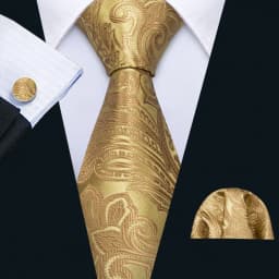 Fashion Silk Men Tie Set Gold Yellow Orange Solid Paisley Striped Plaid Floral Necktie Pocket Square Cufflinks Wedding Business