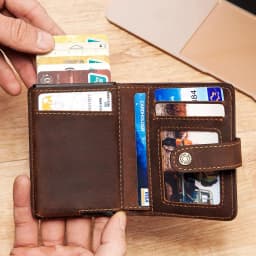 Crazy Horse Leather Card Holder Short Mini Wallets for Men with RFID Protection Aluminum Pop Up Smart Wallet with Zipper Pocket