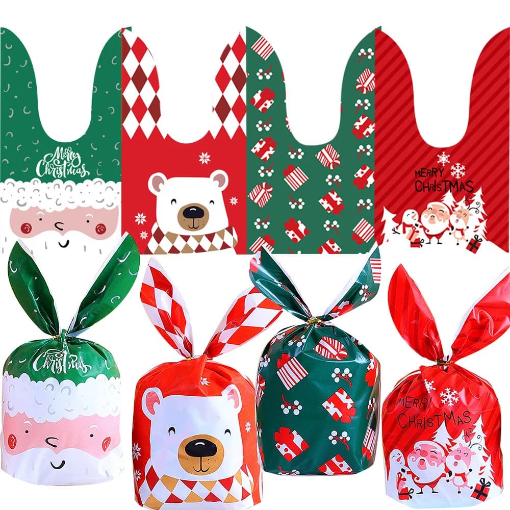 10/20pcs Merry Christmas Rabbit Ear Candy Bags Carton Santa Claus Snowman Cookie Bags For Xmas Noel Gifts Packing Supplies