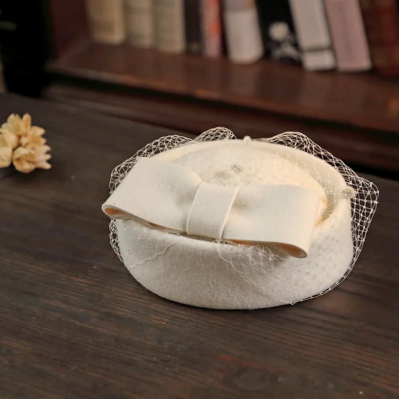 Women Wool Bow Hat with Veil, Cashmere Stewardess Cap for Winter,Celebrity Style Party Wedding Fascinator Hat for Women Ladies