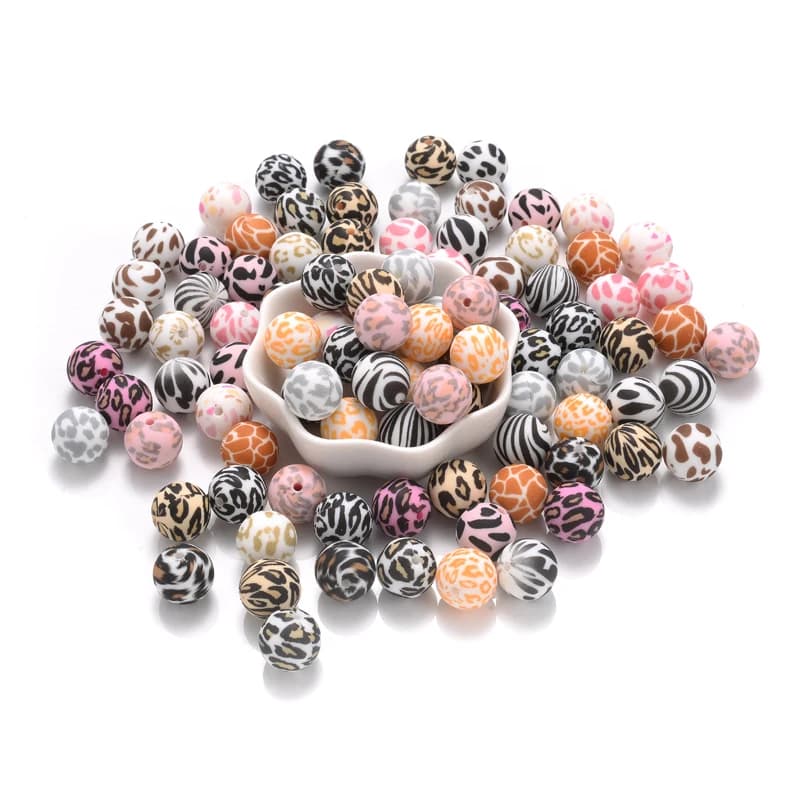 10Pcs Colorful Leopard Pattern Teether Beads 15mm BPA Free Round Silicone Loose Beads For Pacifier Chain Making DIY Bracelet