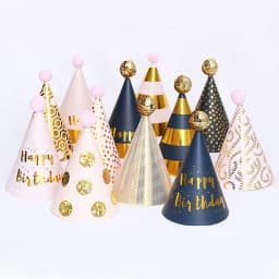 Happy Birthday Cone Hat Girls Boys Pink Black Gold Hats with Pom Poms Paper Cone Striped Dot Hat Birthday Party Decor Supplies