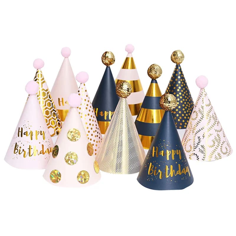 Happy Birthday Cone Hat Girls Boys Pink Black Gold Hats with Pom Poms Paper Cone Striped Dot Hat Birthday Party Decor Supplies