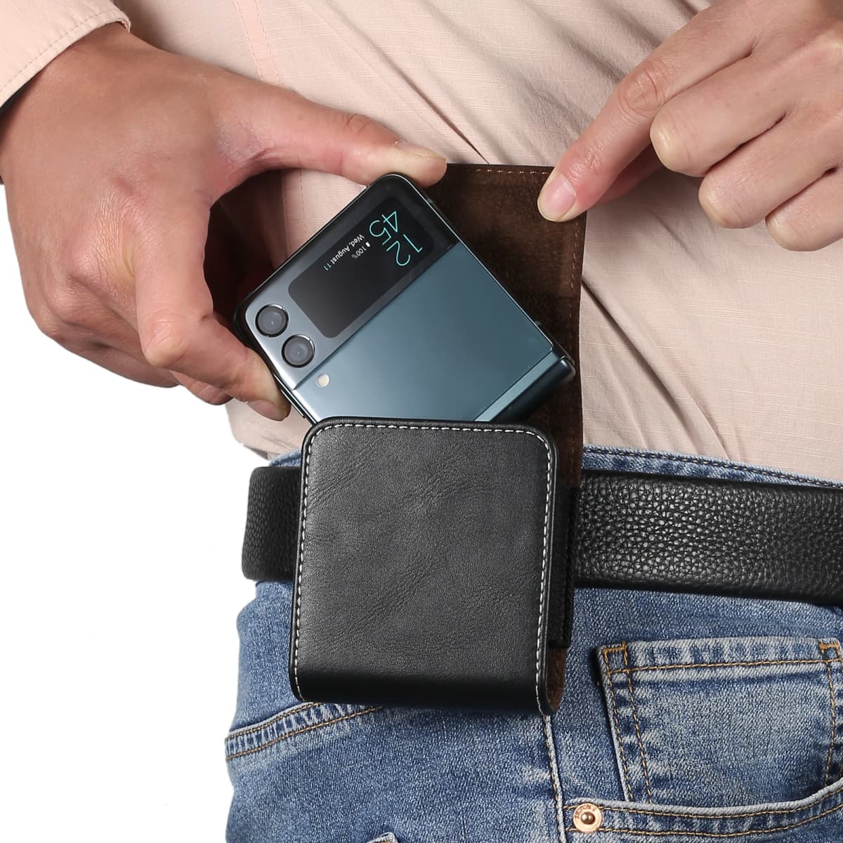 Leather Belt Clip Case Men Waist Bag For Samsung Z Flip 7 6 5 4 3 5G,Galaxy Flip7 Flip6 Flip5 Flip3,Oppo Find Vivo Holster Pouch
