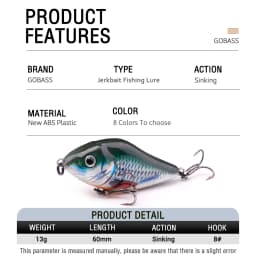 GOBASS Sinking Slider Jerkbait VIB Wobbler Fishing Lure 60mm 13g Ratlin Hard Artificial Bait For Winter Fishing Tackle Pike Bass