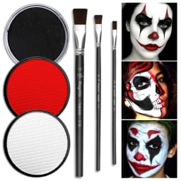 6pcs Black+White+Red Water-Based Paint Set 30g with 3 Brushes for Theater,Halloween,Party,Cosplay,Clown,SFX,Makeup