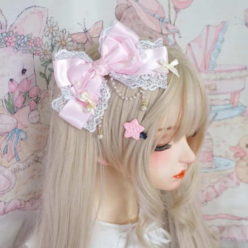 Exquisite and Sweet Lace Pearl Chain Big Bow Pearl Pink Cute Princess Headpiece Hair Clip Accessories Lolita Headpiece Hair Clip