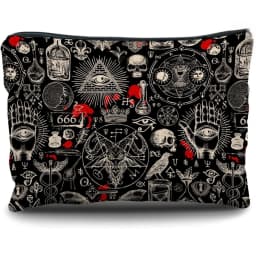 1pc Gothic Makeup Bag with Gothic Symbols (Pentagrams, Skulls, Bats, Occult) - Black & Red Gothic Cosmetic Case