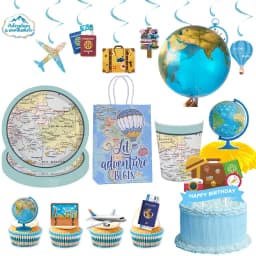 Global Travel Disposable Tableware Plates Cups Hanging Spiral Cake Topper Balloons Adventure Retirement Graduation Party Decor
