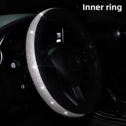 Women's PU Leather Car Interior Wheel Cover with Flashing Mesh Rhinestones for 14.5-15 Inch Car Accessories