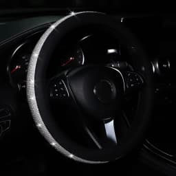 Women's PU Leather Car Interior Wheel Cover with Flashing Mesh Rhinestones for 14.5-15 Inch Car Accessories