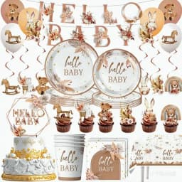 Hello Baby Gender Reveal Party Supplies Disposable Tableware Paper Plates Napkins Cups Cake Topper Baby Shower Party Decors