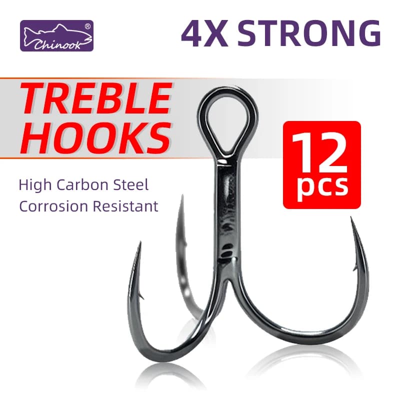 12pcs Chinook Fishing Hooks Treble 4X Strong High Carbon Steel Sea Fishing Hooks for Hard Lures Freshwater Saltwater