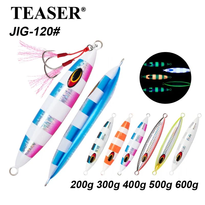 TEASER J120 200g-600g Saltwater Fishing Metal Jig Bait Luminous Jigging Lure Artificial Fast Sinking Fishing Metal Jigging Lure