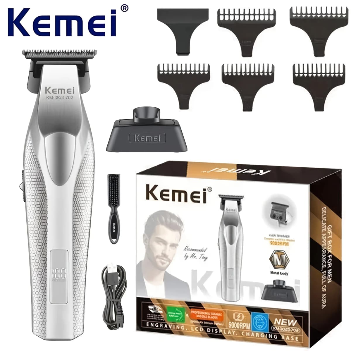 Kemei KM-3023-702 Electric Engraving Scissors with Base High-Speed Long-Battery Life Digital Display Hair Trimmer for Men