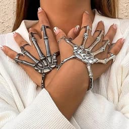 Skeleton Hand Bracelet Halloween Jewelry Decoration Skull Skeleton Hands with Snake Full Finger Rings for Women Men Punk