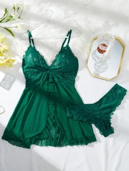 Sexy Lace Lingerie Set for Women, Red Hot Sleepwear Nightdress with Matching Panties, V-Neck Sheer Lace Camisole, Romantic Night